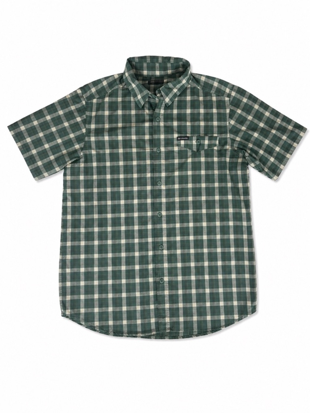Columbia Green Plaid Short Sleeve Button Down Shirt Men’s Large (Approx)